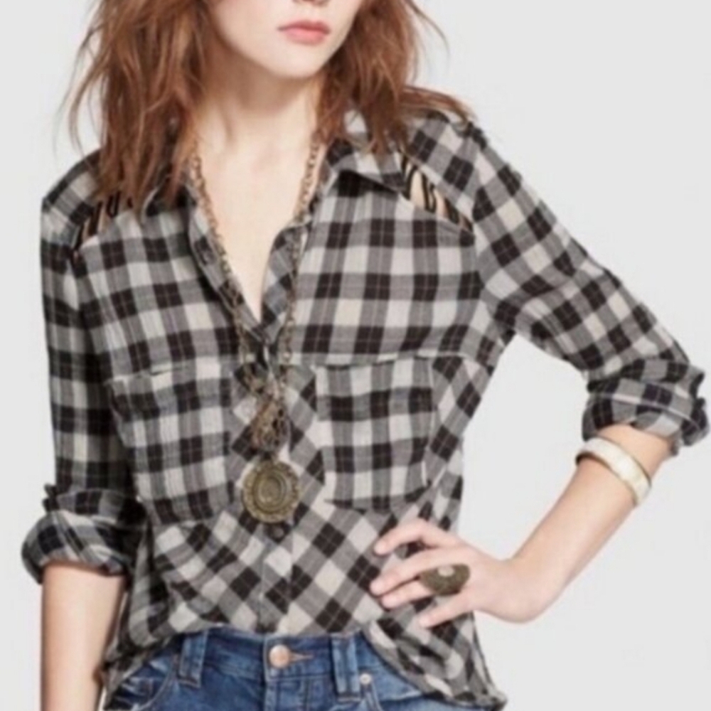 Free People Gauzy Plaid Cutout Shoulder Top